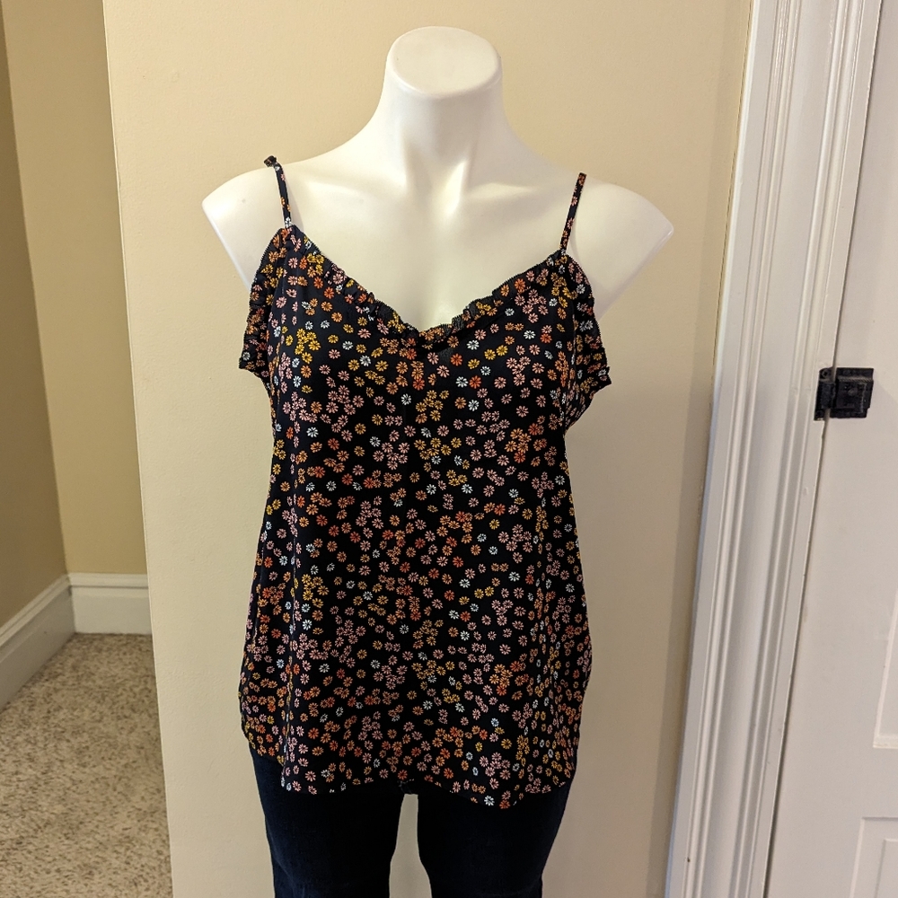 Loft navy blue with yellow, orange and pink floral print spaghetti strap tank MP